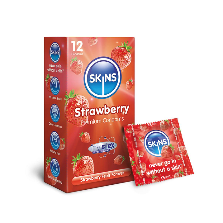 Skins Strawberry condoms 12 kpl , mansikan makuinen kondomi